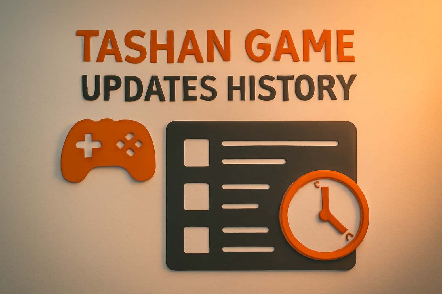 An informative scene highlighting the history of updates for Tashan Game, with orange accents.